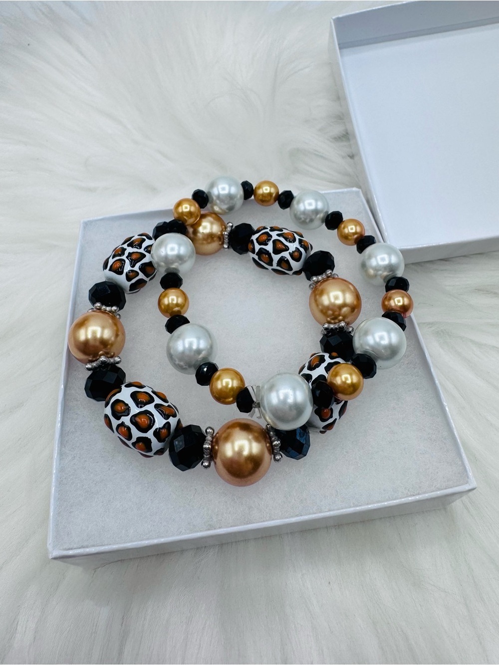 Chunky Leopard Print Beaded Bracelet faux Pearls Stretch Stack